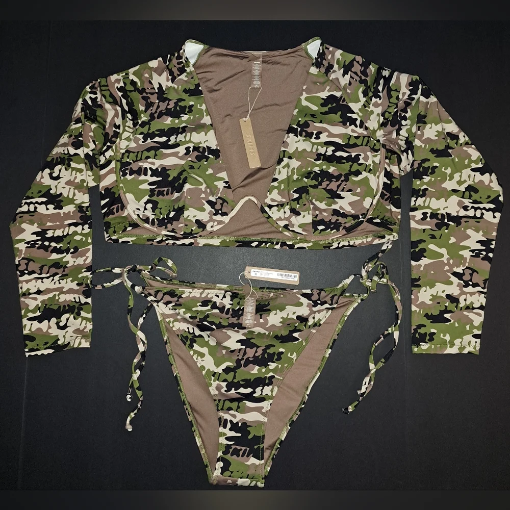 NWT SKIMS Swim Underwire Long Sleeve Top Tie Bikini Swimsuit Suit Set CAMO 3X 4X